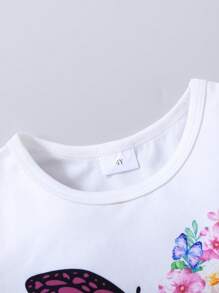 SHEIN 女童蝴蝶與花卉印花T恤搭配繫帶牛仔短褲套裝 - 藍白色 - 查看 5