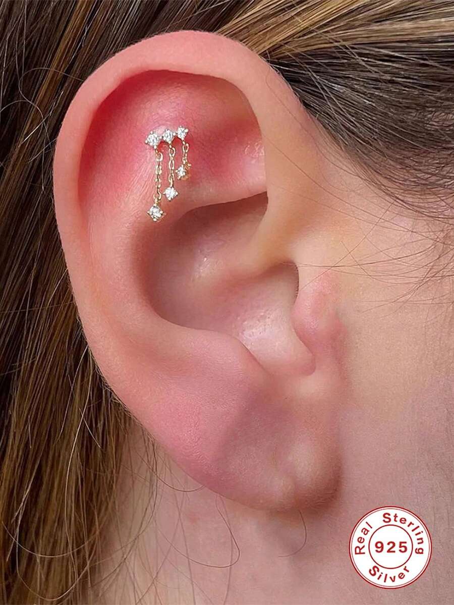 925銀耳環1對 波西米亞流蘇鍊 鋯石銀絲耳環 女士時尚珠寶