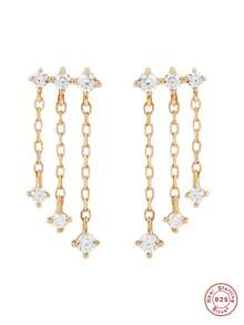 925銀耳環1對 波西米亞流蘇鍊 鋯石銀絲耳環 女士時尚珠寶 - 金色 - 查看 4