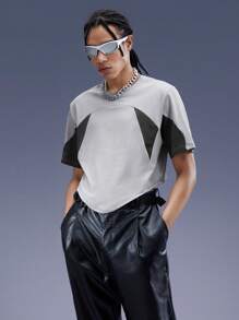 ROMWE MEN Cyber Luvr Nam Khối màu Curved Hem Áo thun - Xám - Xem 1