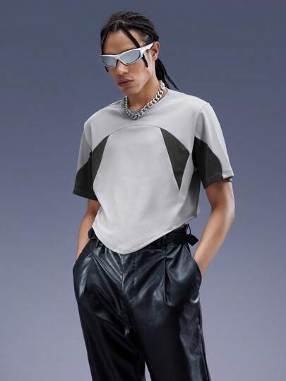 Cyber Luvr T-shirt Pour Hommes En Maille À Motif De Blocs De Couleur, Ourlet Incurvé