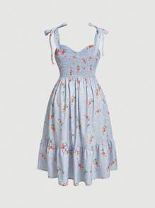 SHEIN MOD Vestido de tirantes con estampado floral de hombros con cordón bajo con fruncido - Celeste - Ver 2