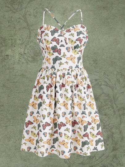 فستان كامي بطباعة الفراشة أشرطة متقاطعة بغرز