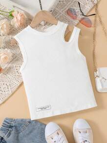Top sin mangas con diseño de patchwork y recortes de letras para niña preadolescente, diseño de recortes único, moda elegante y casual - Blanco - Ver 1