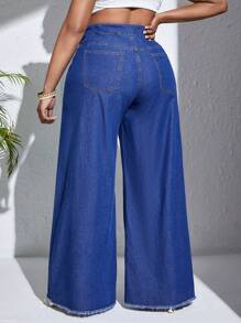SHEIN SXY Quần Denim kích thước lớn Nút Túi Hem thô Dây kéo Uốn nếp màu trơn - Rửa trung bình - Xem 2