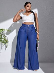 SHEIN SXY Quần Denim kích thước lớn Nút Túi Hem thô Dây kéo Uốn nếp màu trơn - Rửa trung bình - Xem 3