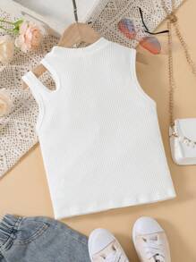 Top sin mangas con diseño de patchwork y recortes de letras para niña preadolescente, diseño de recortes único, moda elegante y casual - Blanco - Ver 2