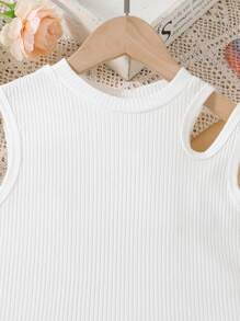 Top sin mangas con diseño de patchwork y recortes de letras para niña preadolescente, diseño de recortes único, moda elegante y casual - Blanco - Ver 4