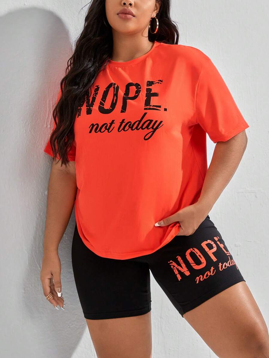 SHEIN EZwear Plus Slogan Graphic Drop Shoulder Tee & Cycling Shorts - Multicolor - View 1