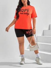 SHEIN EZwear Plus Slogan Graphic Drop Shoulder Tee & Cycling Shorts - Multicolor - View 3