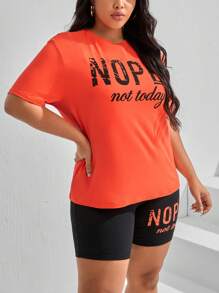 SHEIN EZwear Plus Slogan Graphic Drop Shoulder Tee & Cycling Shorts - Multicolor - View 4