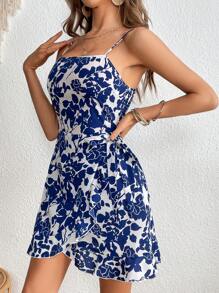 SHEIN VCAY Floral Print Ruffle Hem Cami Dress - Navy Blue - View 5