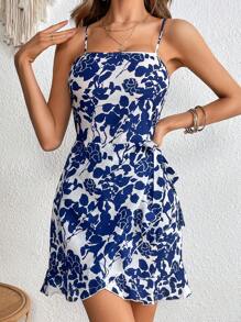 SHEIN VCAY Floral Print Ruffle Hem Cami Dress - Navy Blue - View 6