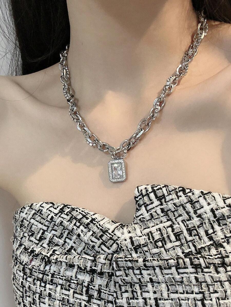 1 cái Quyến Rũ Thép Không Gỉ Rhinestone Mặt Dây Chuyền Vòng Cổ của Phụ Nữ Bên - Bạc - Xem 1