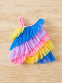 SHEIN 嬰兒撞色荷葉邊不對稱領層疊下擺網紗覆蓋連衣裙 - 彩色 - 查看 2