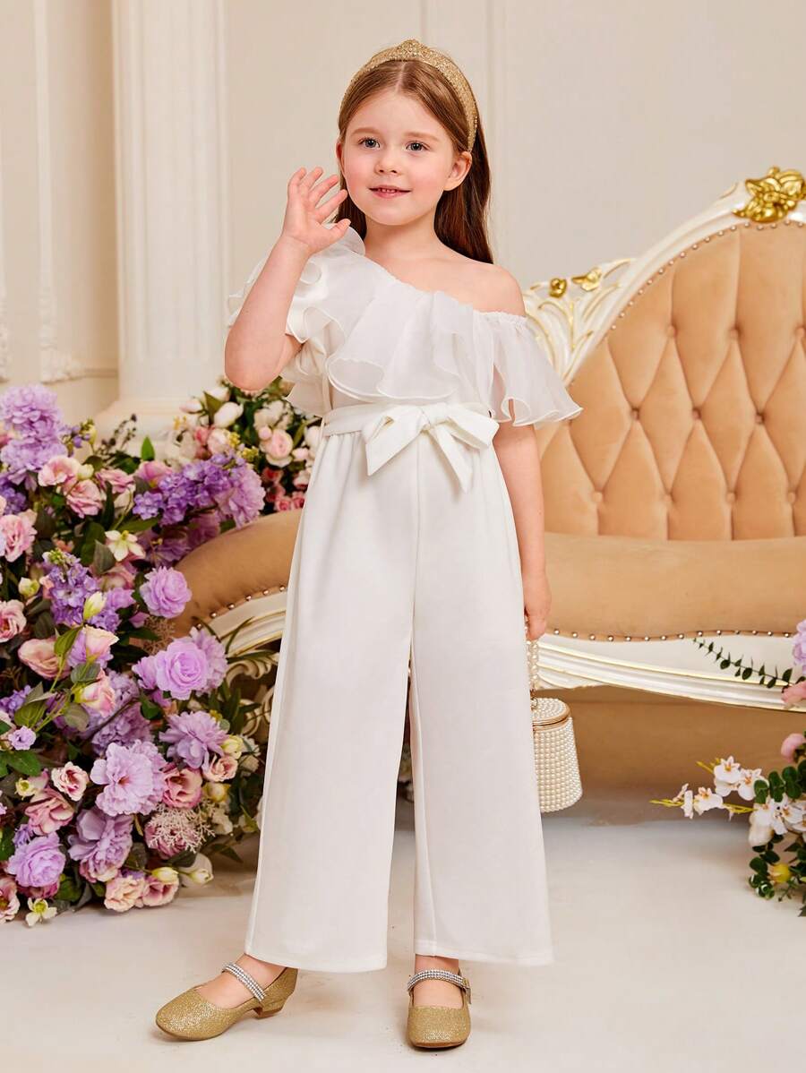 SHEIN Toddler Girls Asymmetrical Neck Ruffle Trim Belted Wide Leg Jumpsuit - White - View 1