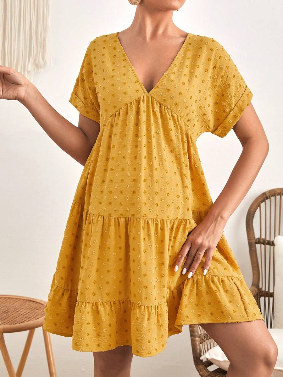 SHEIN Maternity Swiss Dot Ruffle Hem Smock Dress - Mustard Yellow - View 1