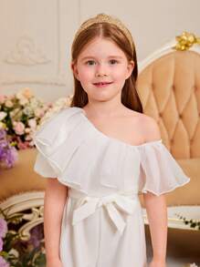 SHEIN Toddler Girls Asymmetrical Neck Ruffle Trim Belted Wide Leg Jumpsuit - White - View 3