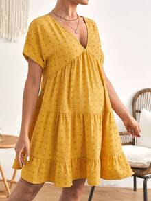 SHEIN Maternity Swiss Dot Ruffle Hem Smock Dress - Mustard Yellow - View 3