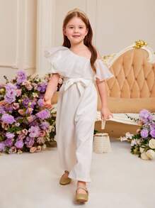 SHEIN Toddler Girls Asymmetrical Neck Ruffle Trim Belted Wide Leg Jumpsuit - White - View 4