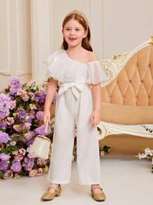 SHEIN Toddler Girls Asymmetrical Neck Ruffle Trim Belted Wide Leg Jumpsuit - White - View 6