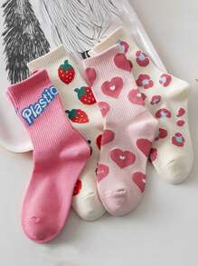 4pairs Women Strawberry Print Cute Crew Socks - Multicolor - View 1
