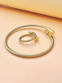 1入組可調節尖頭螺絲環和1入組帶編織鋼絲可調節尖頭螺絲開放式袖口手鍊 - 金黃色 - 查看 1