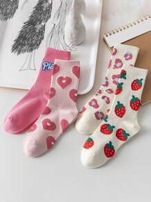 4pairs Women Strawberry Print Cute Crew Socks - Multicolor - View 8