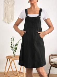 SHEIN Maternity Solid Pinafore Dress Without Tee - Black - View 4