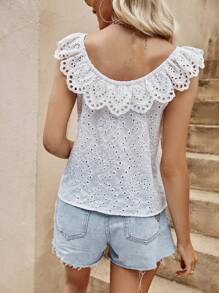 SHEIN VCAY Off Shoulder Eyelet Embroidery Scallop Trim Blouse - White - View 2