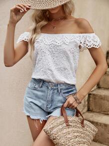 SHEIN VCAY Off Shoulder Eyelet Embroidery Scallop Trim Blouse - White - View 3