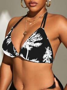 Swim Lushoire Plus Tropical Print Halter Triangle Bikini Top,Summer Beach - Black - View 3
