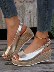 度假露跟坡跟涼鞋適用於女士金屬質感編織涼鞋 - 金色 - 查看 1