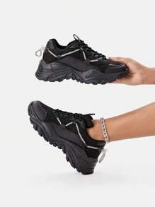 Rhinestone Decor Lace-up Front Chunky Sneakers - Black - View 2
