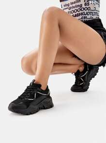 Rhinestone Decor Lace-up Front Chunky Sneakers - Black - View 3