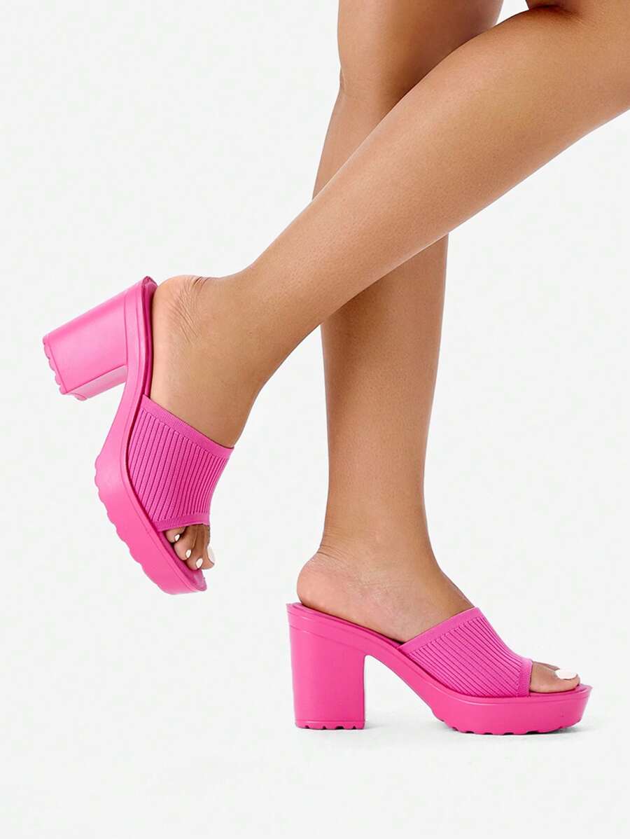 Zapatos de mujer con tacón grueso y banda sencilla, sandalias tipo mulé de color rosa intenso para la primavera y el verano - Rosa Fucsia - Ver 1