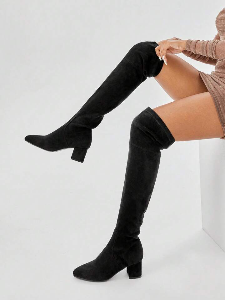 SHEIN X Lucia Bellido CUCCOO SZL Women Fashion Minimalist Suede Chunky Heeled Black Over The Knee Sock Boots Vacation Shoes Summer Sale For Christmas