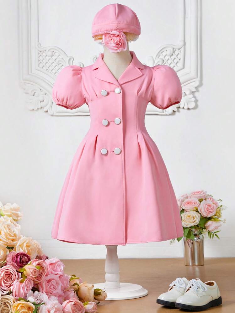SHEIN 女の子幼児 パフスリーブ ダブルブレスト しわの細部 帽子付き ドレス - ベビーピンク - 見る 1