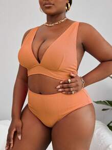 SHEIN Swim Curve 大尺碼純色高腰比基尼套裝夏季海灘 - 橘色 - 查看 5