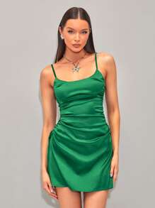 SHEIN BAE Đầm Xù Dây kéo màu trơn Gợi cảm - màu xanh lá - Xem 1