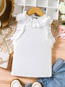 SHEIN Tween Girl Ruffle Collar Sleeveless Top, Sweet Faux Collar Design With Ruffle Trim, Comfortable Fabric, Versatile Style - White - View 1