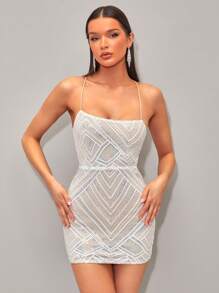 SHEIN BAE Crisscross Tie Backless Sequin Slip Dress Diamond Dresssequence Dressrhinestone Dressglowmode Dress