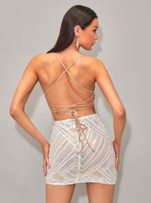 SHEIN BAE Crisscross Tie Backless Sequin Slip Dress Diamond Dresssequence Dressrhinestone Dressglowmode Dress