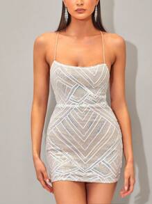SHEIN BAE Crisscross Tie Backless Sequin Slip Dress Diamond Dresssequence Dressrhinestone Dressglowmode Dress