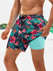 Manfinity Swimmode Hombres Shorts de natación con estampado tropical de cintura con cordón 2 en 1 - Verde - Ver 1