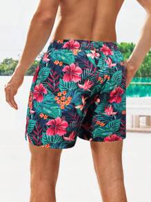 Manfinity Swimmode Hombres Shorts de natación con estampado tropical de cintura con cordón 2 en 1 - Verde - Ver 2
