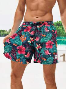Manfinity Swimmode Hombres Shorts de natación con estampado tropical de cintura con cordón 2 en 1 - Verde - Ver 3