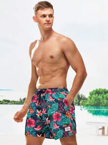 Manfinity Swimmode Hombres Shorts de natación con estampado tropical de cintura con cordón 2 en 1 - Verde - Ver 4