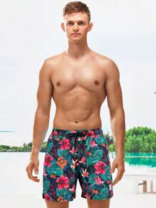 Manfinity Swimmode Hombres Shorts de natación con estampado tropical de cintura con cordón 2 en 1 - Verde - Ver 5