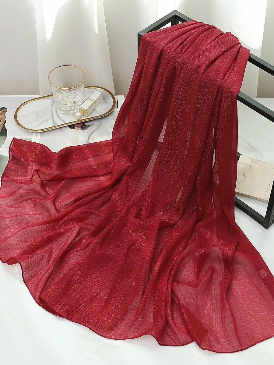 1 Khăn Màu Bạc Lấp Lánh Hình Chữ Nhật Dài Khăn Choàng Polyester Cho Nữ - Màu Đỏ Sâu - Xem 1